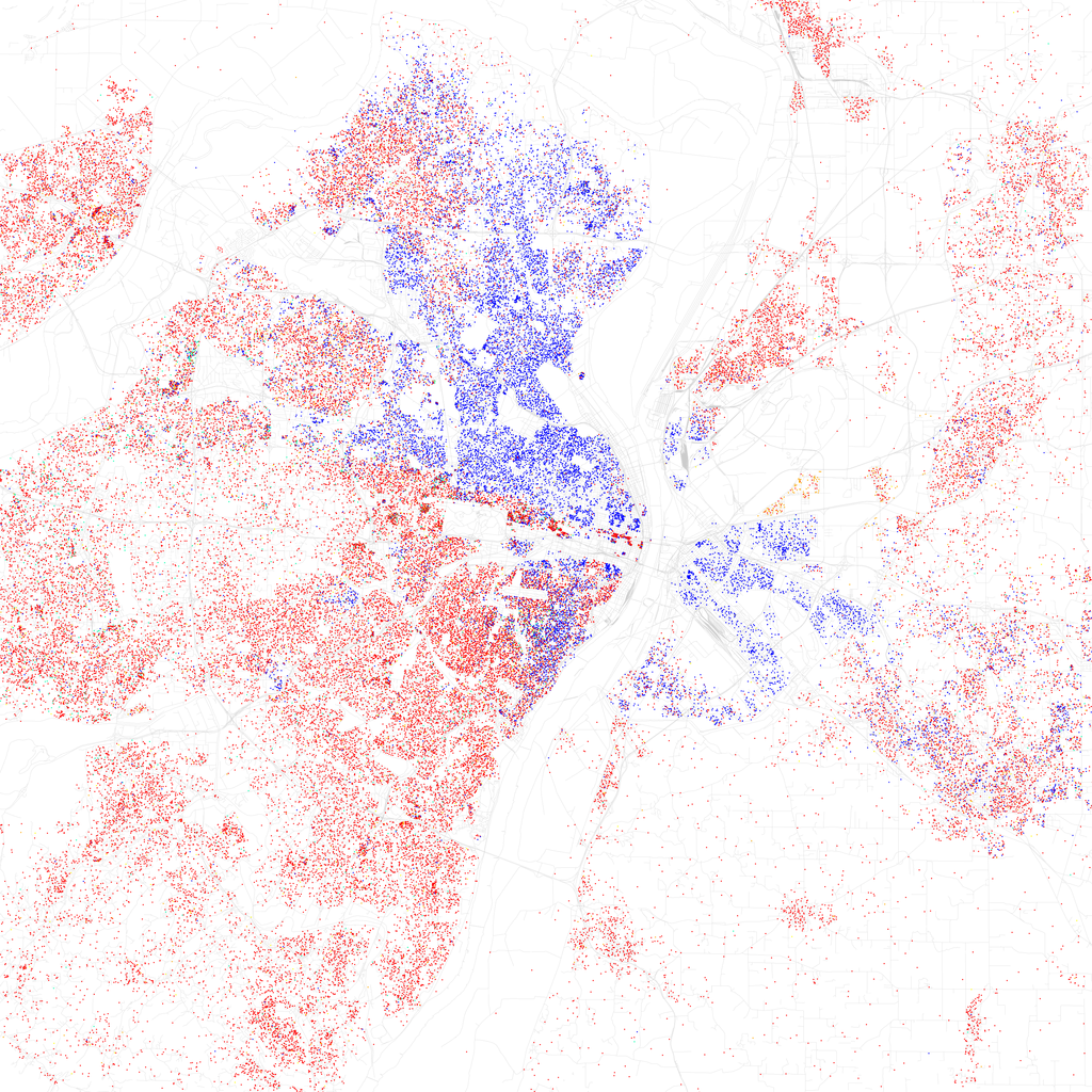 One dot = 10 persons. Blue = black resident, Red = white resident.